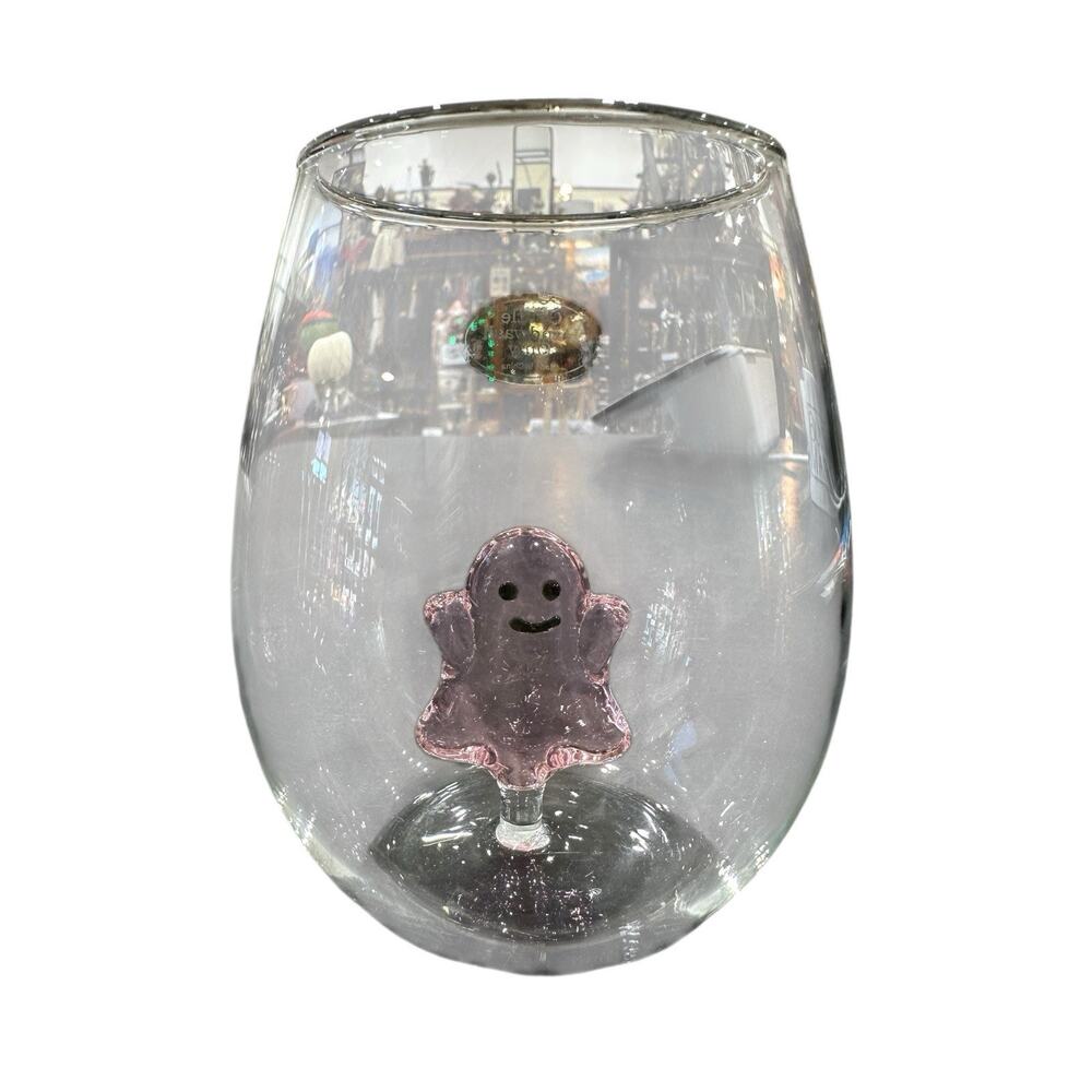 Halloween Clear with a Pink Floating Ghost Pop Up Wine Glass Set Of 2 New - Picture 2 of 4